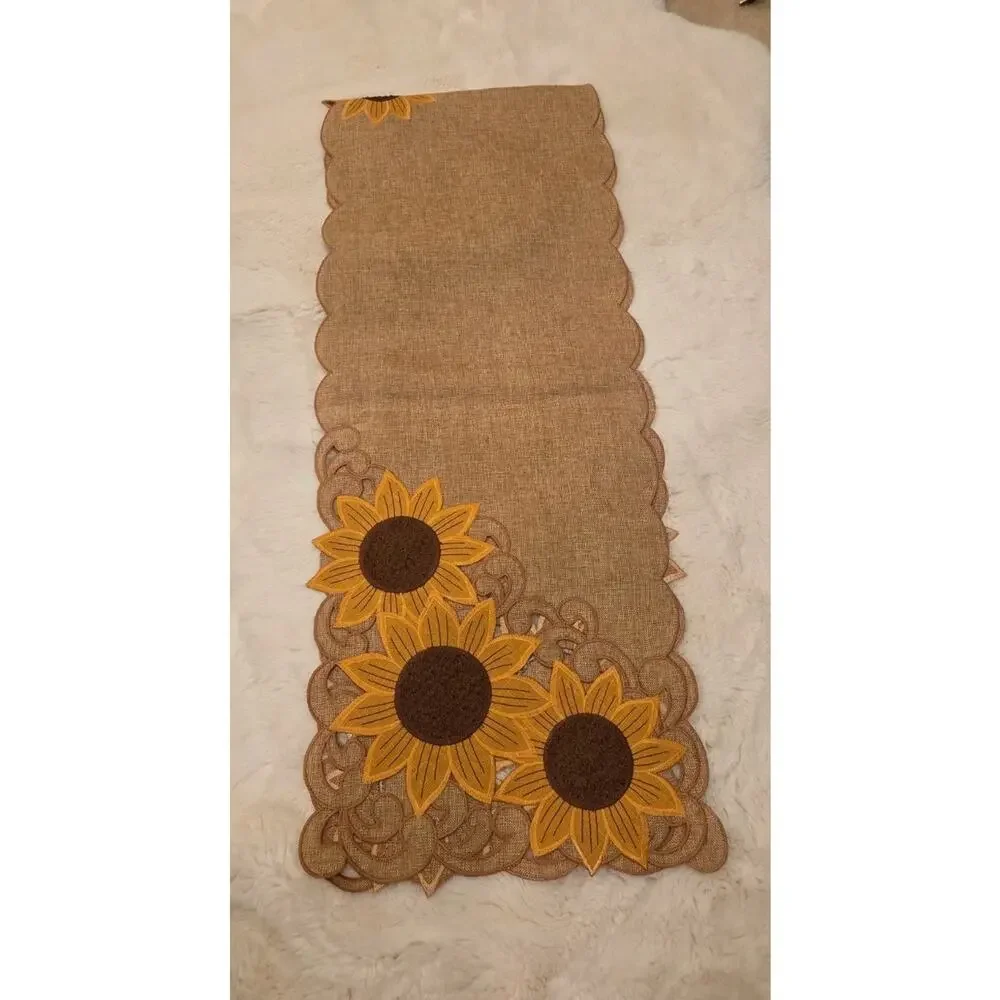 Sunflower Table Runner 14x72 Faux Burlap Embroidered Cutwork EB4422A Rare Sample